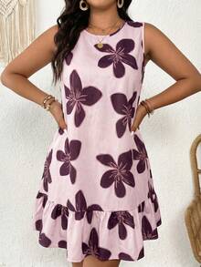 SHEIN Frenchy Plus Size Women Floral Print Backless Sleeveless Dress - Pink - View 4