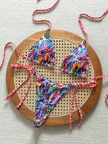 SHEIN Swim Vcay 女士复古印花露背系带性感丁字裤比基尼套装，适合海滩度假 - 彩色 - 查看 3