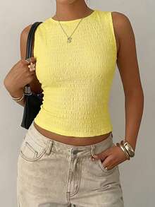 Aloruh Áo croptop nữ cổ tròn không tay, chất liệu dệt kim, màu trắng trơn, kiểu dáng thường ngày. - Vàng nhạt - Xem 7