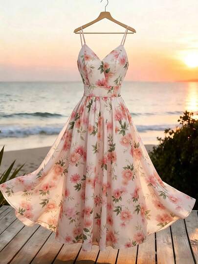 SHEIN Franclia Đầm midi voan mỏng hai dây in hoa màu hồng phong cách Boho cho nữ, thích hợp mặc đi biển.