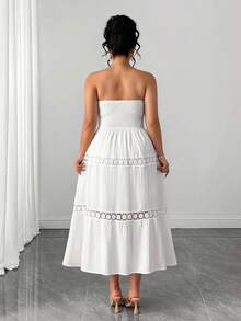 Elenzga Plus Size Women Strapless Ruched Waist Floral Patchwork A-Line Textured Elegant Summer Dress - White - View 2