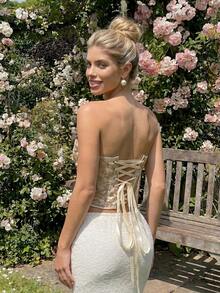 SHEIN Áo corset có cấu trúc đính đá lấp lánh - Màu be - Xem 2