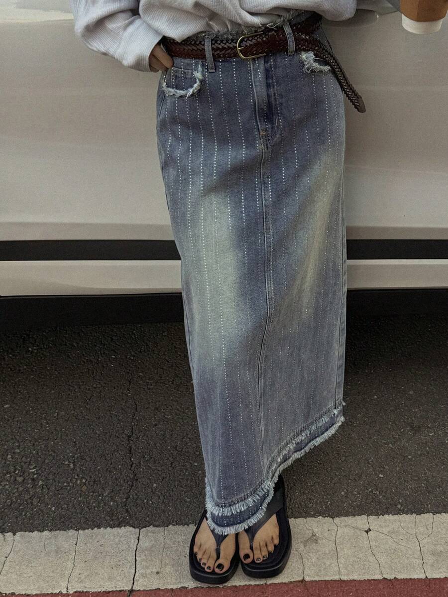 DAZY Chân váy denim dài nữ có túi, gấu rách, kiểu dáng thường ngày. - Màu xanh lam - Xem 1