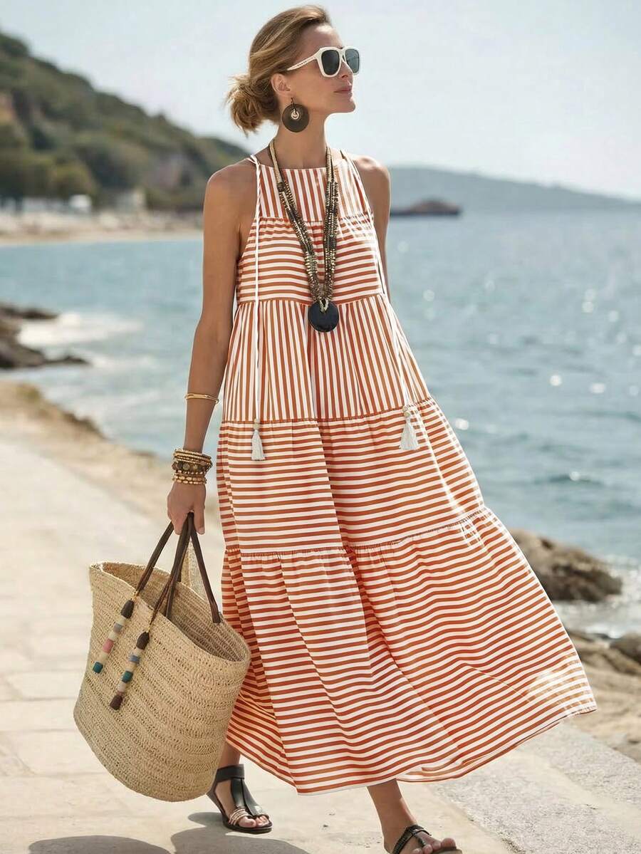 Breezaya Women's Romantic Vacation Striped Patchwork Color Block A-Line Dress, Spring/Summer - Khaki - View 1