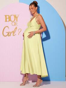 Loomaby Umstandskleid in Unifarbe mit ärmellos, Bindedetail, elegantes Sommerkleid - Gelb - Übersicht 6