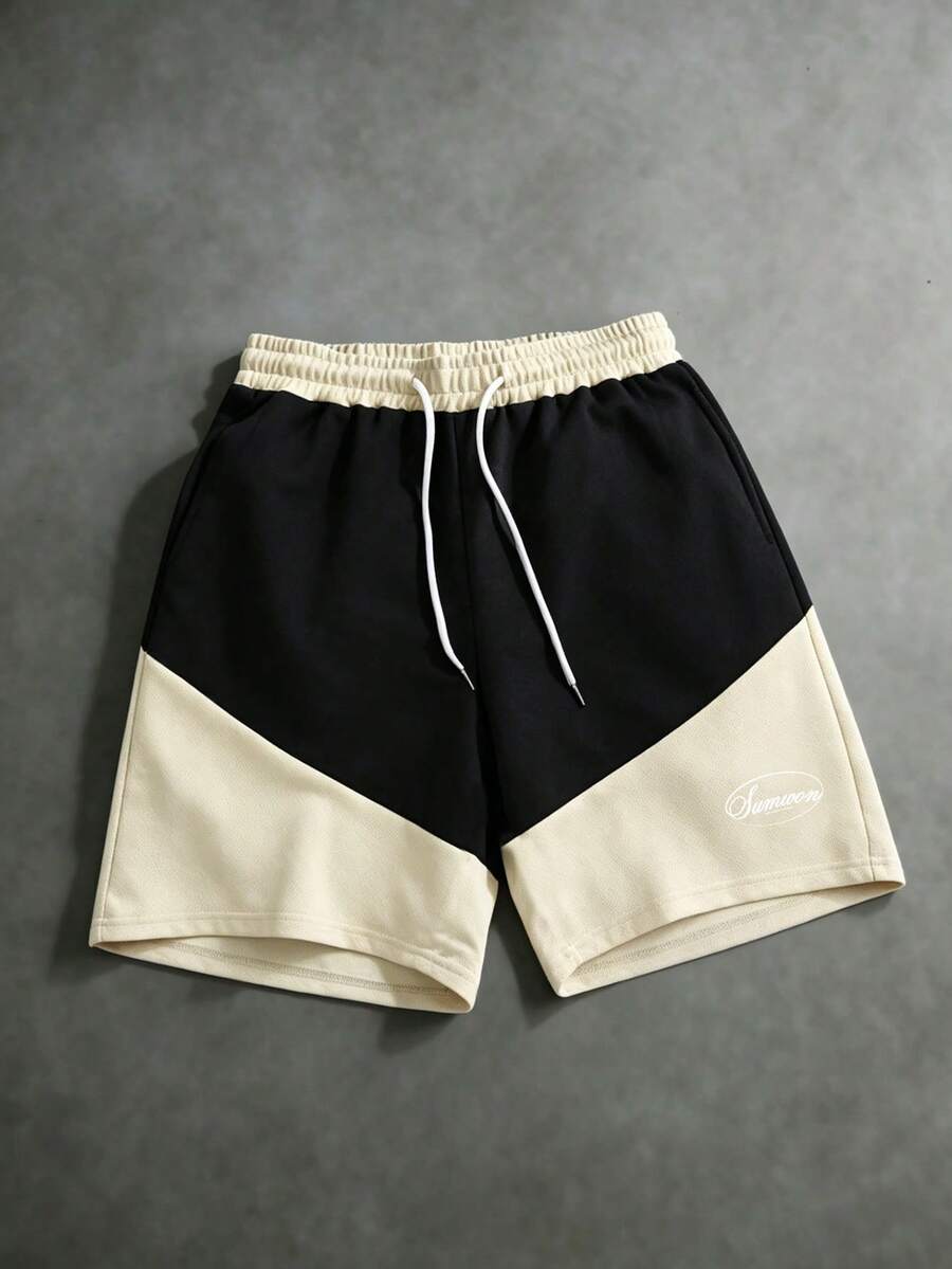 SUMWON Drawstring Basketball Shorts Color Block Contrast Panel Design With Elastic Waistband Relaxed Fit Summer Casual Wear - Black - View 1