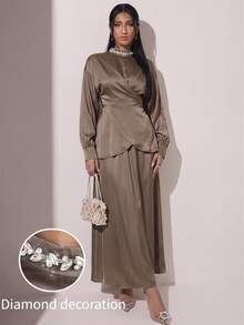 Modelyn Women's Elegant Rhinestone Decor Stand Collar Wrap Hem Cinched Waist Top And Skirt 2 Pieces Set, Spring/Autumn - Brown - View 2