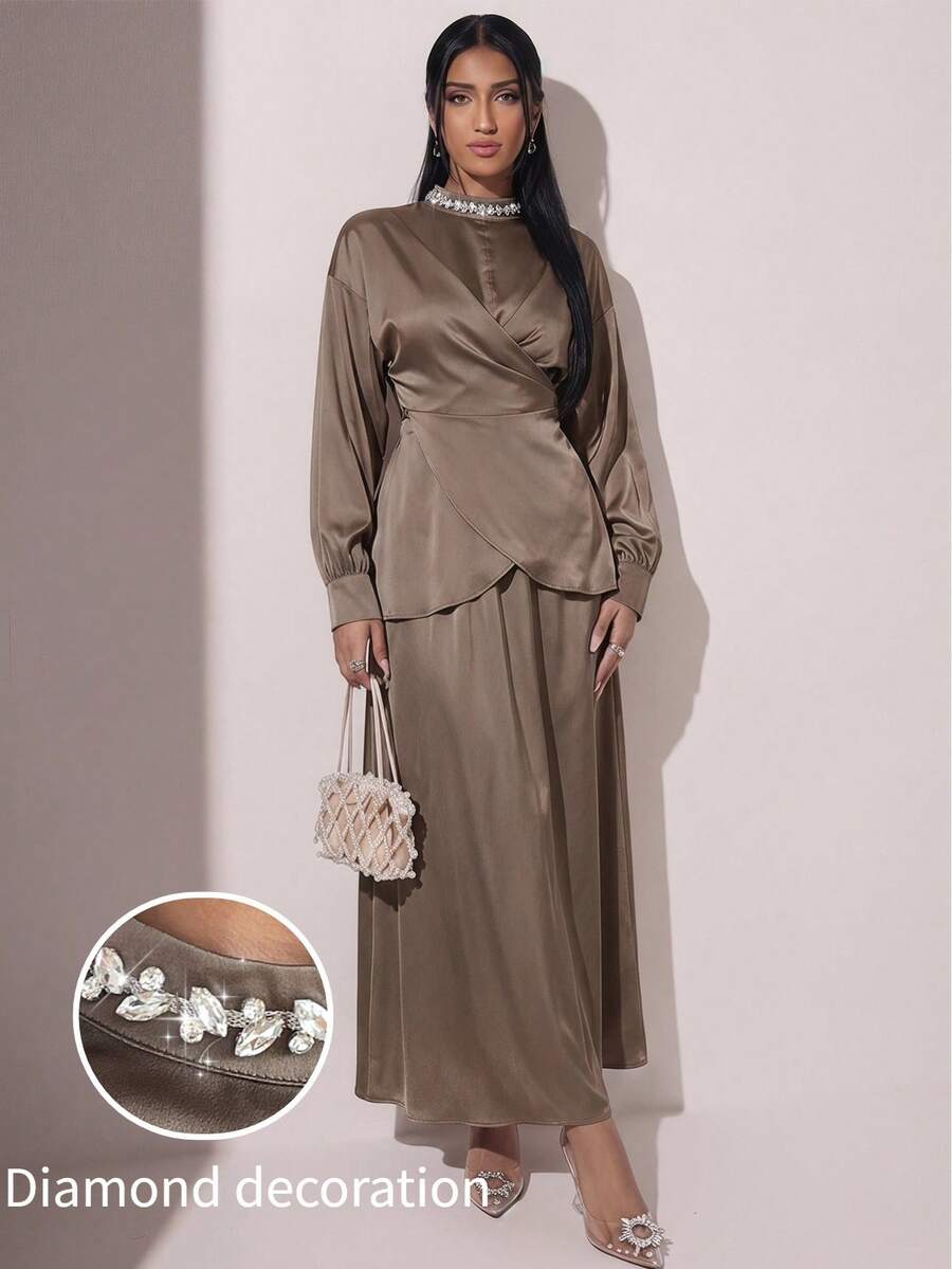 Modelyn Women's Elegant Rhinestone Decor Stand Collar Wrap Hem Cinched Waist Top And Skirt 2 Pieces Set, Spring/Autumn