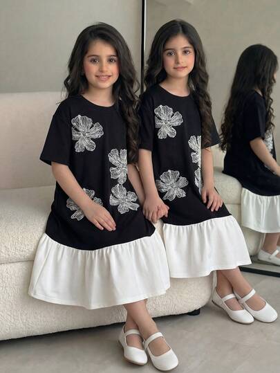 SHEIN Tween Girl Knit Black & White Contrast Beaded Floral Loose Casual Dress