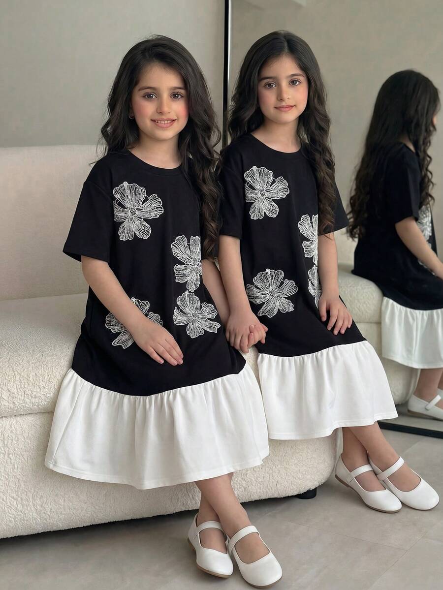 SHEIN Tween Girl Knit Black & White Contrast Beaded Floral Loose Casual Dress - Black - View 1