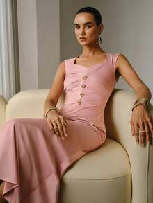 ZEYLAH Langes Kleid mit geraffter Taille und Meerjungfrauensaum, ohne Ärmel - Pink - Übersicht 8