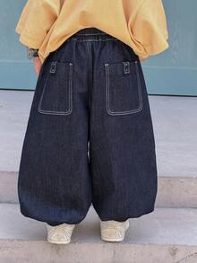 DAZY Jeans de pierna entallada con cintura elástica y pespuntes de contraste, moda casual de calle para niño - Azul - Ver 8