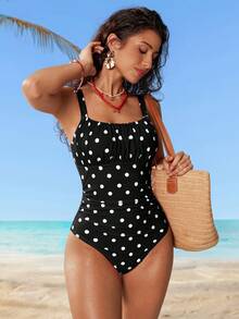 Swim Mod Women's Polka Dot Print One-Piece Swimsuit, Suitable For Beach & Vacation - Black and White - View 3
