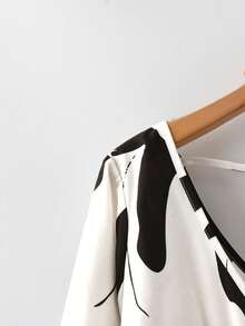 EMERY ROSE Plus Size Women V-Neck Back Tie Full Print Long Sleeve Autumn Blouse - White - View 3