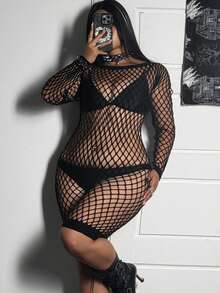 Whyspr Plus Size Women Sheer Long Sleeve Sexy Romper - Black - View 5