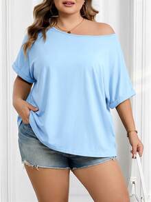 SHEIN CURVE+ 大码女式休闲宽松斜肩黑色T恤，黑色不对称肩部上衣，黑色无肩带上衣 - 藍色 - 查看 5