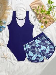 SHEIN Einteiler Badeanzug für Teenager Mädchen, digitaler Muster marineblau Palmenblatt Muster, Strickstoff, rückenfreier Seitenschlitz Einteiler mit passenden Dreieck Bikinihose und Badeshorts, modisches, lässiges, elegantes Design, geeignet für Schwimmen, Urlaub, Strand, Pool im Sommer - Verschiedenfarbig - Übersicht 2