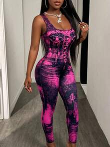 BamGleam 女士牛仔印花休闲无袖连体裤 - 彩色 - 查看 4