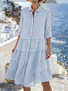 SHEIN Holidaya French Vacation Style Striped Shirt Dress - Spring/Summer Loose & Flowy A-Line Midi Dress - Blue - View 3