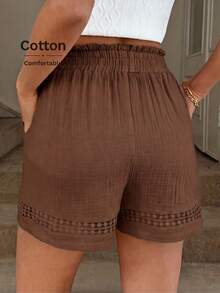 SHEIN LUNE 女士卡其色棉质拼接弹力腰短款上衣，春夏款 - 棕色 - 查看 2