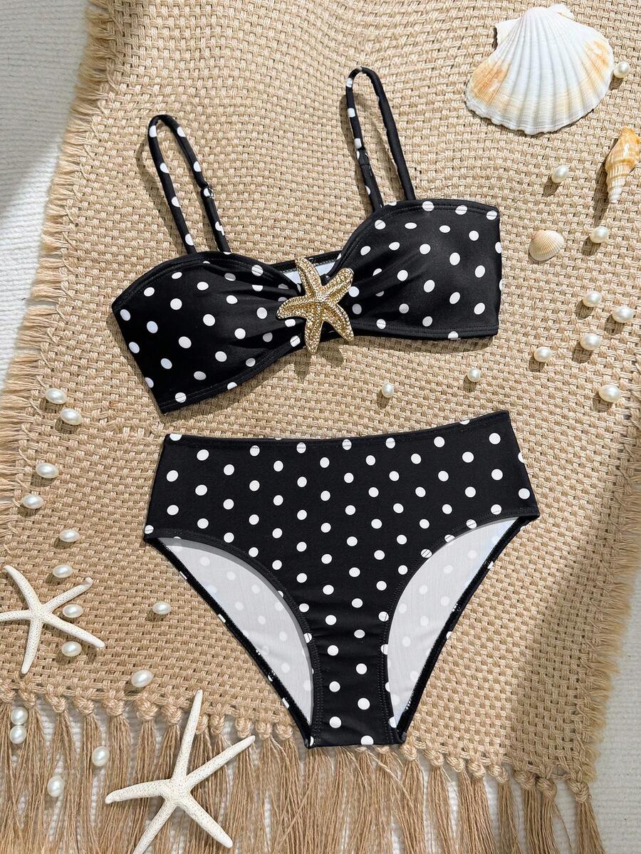 SHEIN Fashion Two-Piece Swimsuit Set For Big Girls, Black With White Polka Dots & Golden Starfish Decoration On Chest, Triangle Swim Bottoms, Summer Swimwea