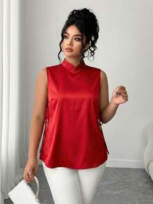 EMERY ROSE Plus Size New Chinese Style Cheongsam Collar, Decorated With Woven Ribbons On Both Sides Gym Brown Summer - Burgundy - View 3