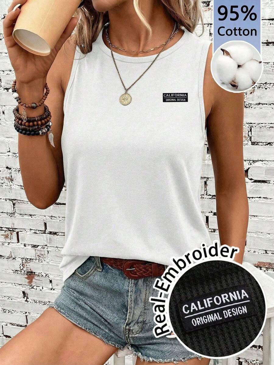 EMERY ROSE Áo hai dây bằng cotton thêu khẩu hiệu tiếng Anh dành cho nữ - trắng - Xem 1