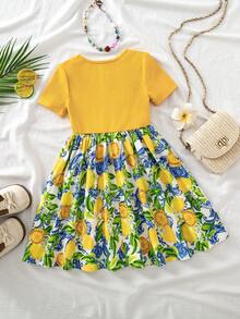 Emery Rose Kids Emery Rose Kids 女童撞色柠檬印花短袖连衣裙，夏季 - 黃色 - 查看 5