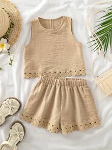 SHEIN Conjunto de top casual sin mangas con cuello redondo y volantes de unicolor para niñas, verano - Albaricoque - Ver 12