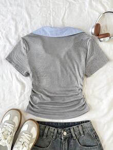 SHEIN Tween Girl/Tween Girls' Navy Collar Grey Knit Casual Colorblock Fitted Waist T-Shirt, Striped Patchwork Tee - Grey - View 2
