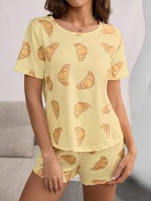 SHEIN 卡通羊角面包印花短袖短裤两件套可爱女童睡衣套装 - 黃色 - 查看 4