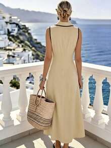 SHEIN Holidaya Women's Beige Sleeveless Casual French Elegant Dress With Trim, Collared Waist-Cinched A-Line Midi Dress For Daily Vacation, Commute, Summer - Apricot - View 2