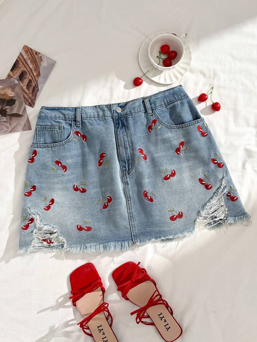 Comfortcana Plus Size Women's Light Blue Distressed Cherry Embroidery Denim Mini Skirt,Cute Summer Vacation Beach Holiday Festival Country Concert - Medium Wash - View 1
