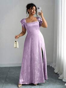 Elenzga Đầm dài tay bồng cổ vuông xẻ tà dành cho nữ cỡ lớn, chất liệu vải jacquard bóng màu xanh lá cây, đa năng cho đi làm, mặc hàng ngày, dự tiệc cưới, dạ hội, lễ tốt nghiệp, mua sắm, chụp ảnh, thoải mái và thời trang. - Màu tím - Xem 5