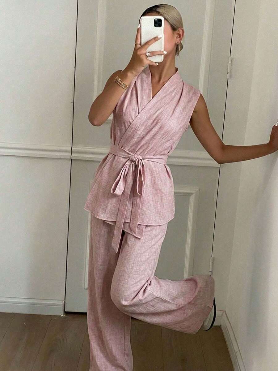 DAZY 纯色V领系带吊带背心和阔腿裤两件套,女士夏季休闲家居服套装 - 粉色 - 查看 1