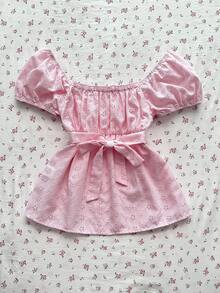 Flirla Áo kiểu nữ mùa hè giản dị, chất liệu jacquard màu hồng, cổ vuông, viền bèo nhún, tay ngắn, cài cúc phía trước, thích hợp cho đi biển, nghỉ mát, dự tiệc, đi học. - Hồng - Xem 4