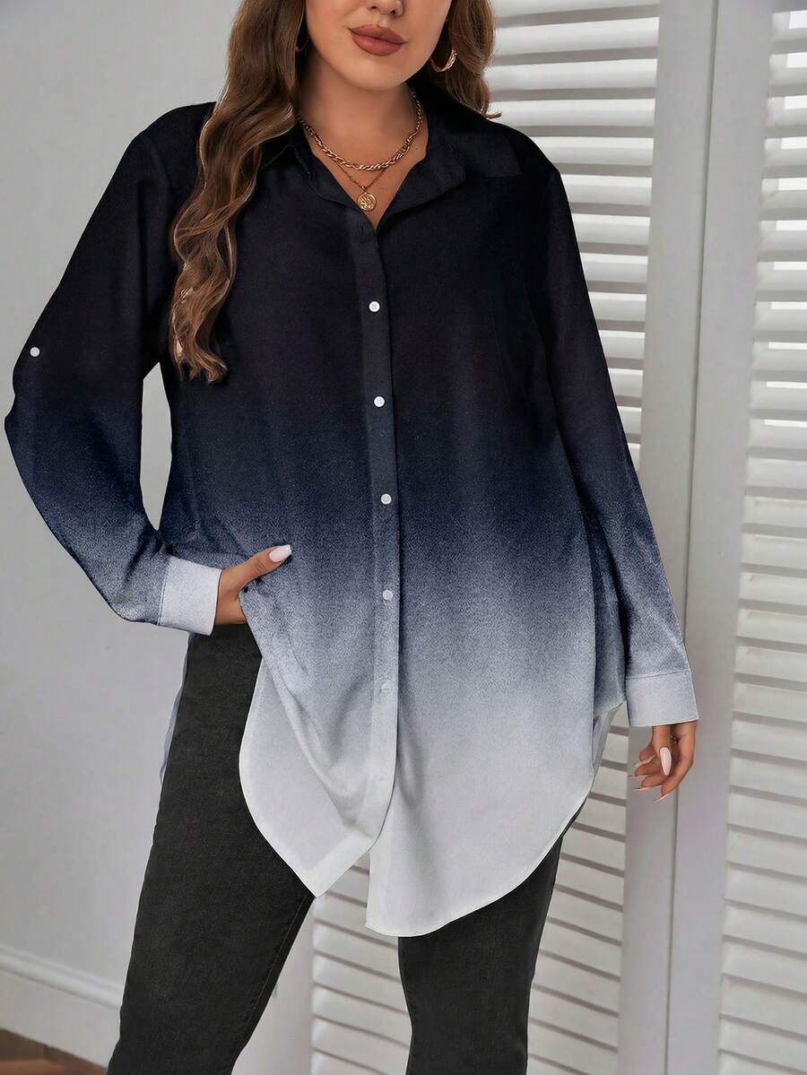 SHEIN Essnce Áo sơ mi dài tay cỡ lớn cho nữ, Áo sơ mi in họa tiết chuyển màu, Quần áo mùa thu cho nữ, Áo có tay, Áo chuyên nghiệp, Áo sơ mi nữ mùa thu, Áo cánh dài tay cho nữ - Nhiều màu - Xem 1