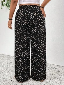 SHEIN PETITE CURVE 大码休闲印花宽松裤 - 黑色 - 查看 9
