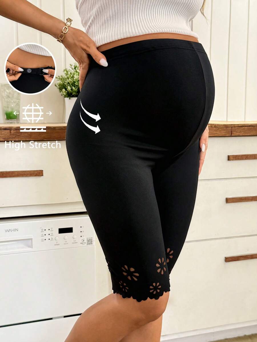 SHEIN Leggings cortos de maternidad de unicolor con diseño hueco y cintura ajustable - Negro - Ver 1
