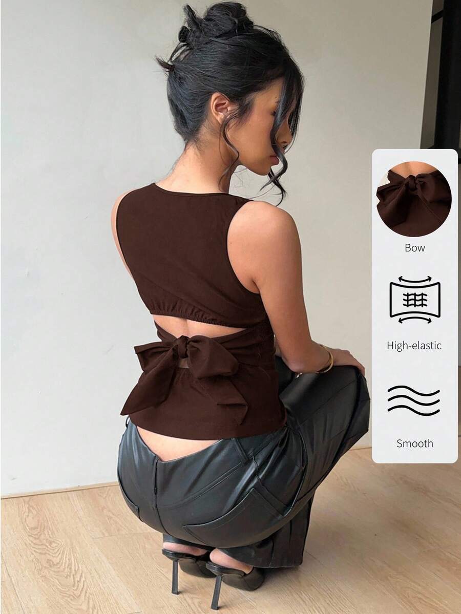 Aloruh 女款露背蝴蝶結圓領無袖棕色系上衣,適合通勤、日常穿著、晚餐約會,夏季優雅上衣 - 棕色 - 查看 1
