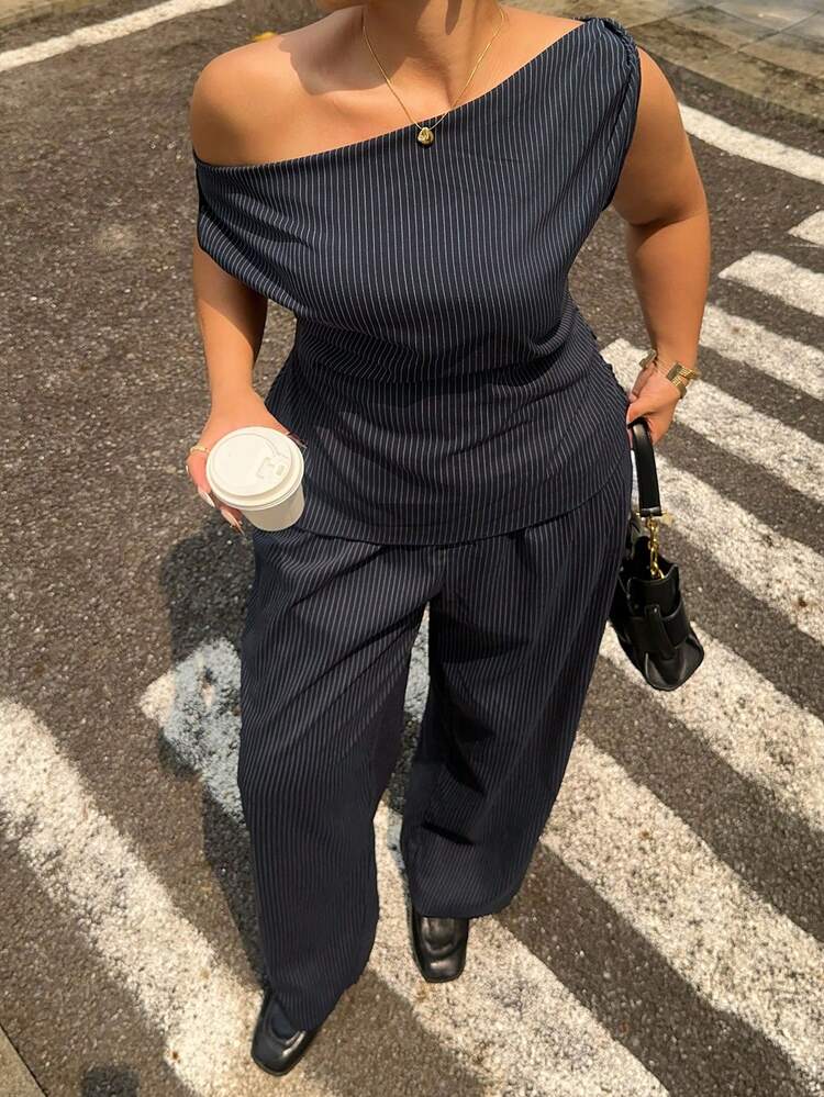 Dazy Plus Asymmetric Hem Crop Top And Casual Pants Two Pieces Set, Business Casual Plus Size Women Spring/Summer