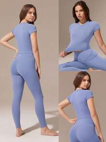 Glow Era Soft Stretchy Round Neck Slim Fit Cropped Short Sleeve Active Crewneck Tee Low-Impact Yoga Pilates Gym Studio Daily Casual Wear - Iron Gray - View 7