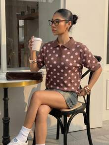 Muchica 女士休闲粉色波点 Polo 领短袖针织衫，春假穿搭，女士户外衬衫，可爱学院风上衣，可爱短袖波点衬衫，波点上衣，波点衬衫 - 彩色 - 查看 4