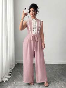 SHEIN Clasi Plus Size Women New Elegant Casual Minimalist Contrast Lace Jumpsuit For Vacation - Dusty Pink - View 3