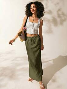 Women's Summer Solid Color Drawstring Waist Fishtail Skirt, Army Green - Army Green - View 4