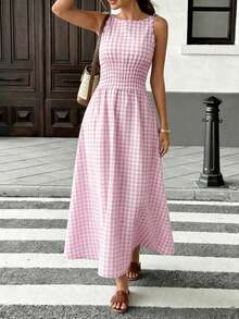 maxi a cuadros marrones 2026 para mujer, con tirantes de lazo y cintura fruncida con volantes, estilo minimalista casual y perfecto para vacaciones y uso diario - Rosa Pálido - Ver 4