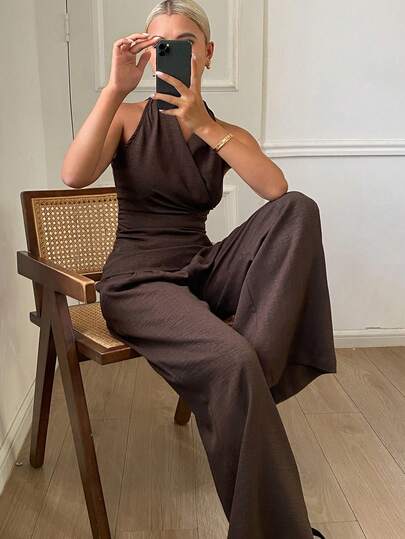 DAZY Spring & Summer Casual Elegant Office Outfit, Sleeveless Wrap Shirt And Straight Leg Pants 2-Piece Set For Women Lounge Sets For Women