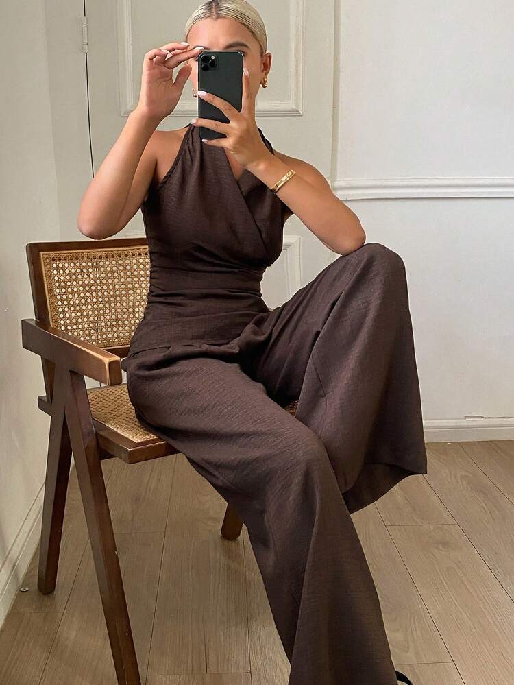 Spring & Summer Casual Elegant Office Outfit, Sleeveless Wrap Shirt And Straight Leg Pants 2-Piece Set For Women Lounge Sets For Women
