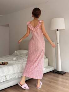 Dream Adore Women's Knitted Jacquard Ruffle V-Neck Sleeveless Nightgown, Pink - Pink - View 2