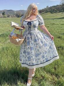 Lyrianda Plus Size Romantic Square Neck Waist Cinched A-Line Dress - Multicolor - View 2